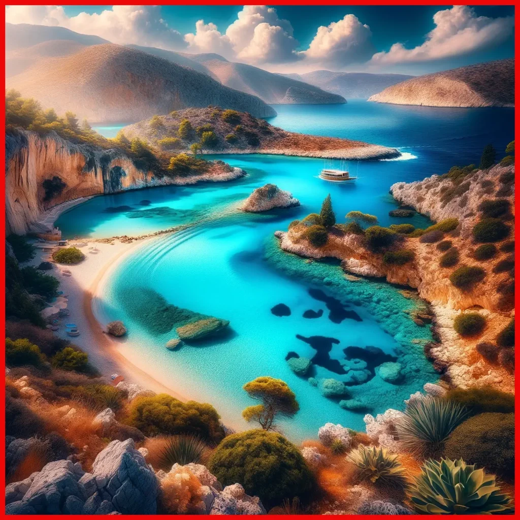 A stunning lagoon with clear blue waters surrounded by cliffs and greenery, a hidden gem located in the heart of Greece