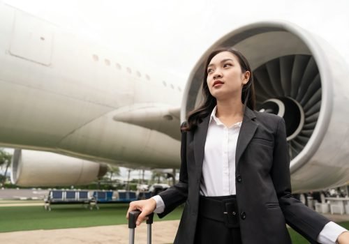 Tourist travel concept. young business woman holding the luggage at the airport